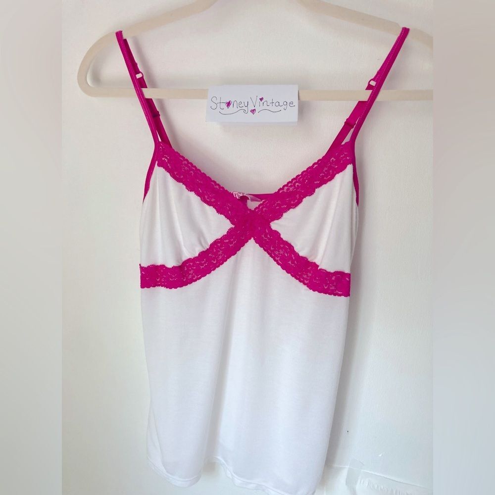 Victorias Secret Babydoll Tank Womens Medium Lace Trim Y2K Coquette white pink